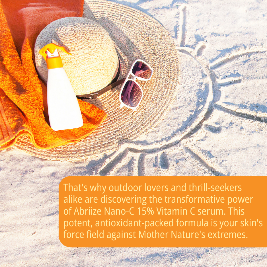 Image of a tan sun hate, sunglasses, sunscreen, and bath towel on the sand. Text: That's why outdoor lovers and thrill-seekers alike are discovering the transformative power of Abriize Nano-C 15% Vitamin C Serum. This potent, antioxidant-packed formula is your skin's force field against Mother Nature's extremes.